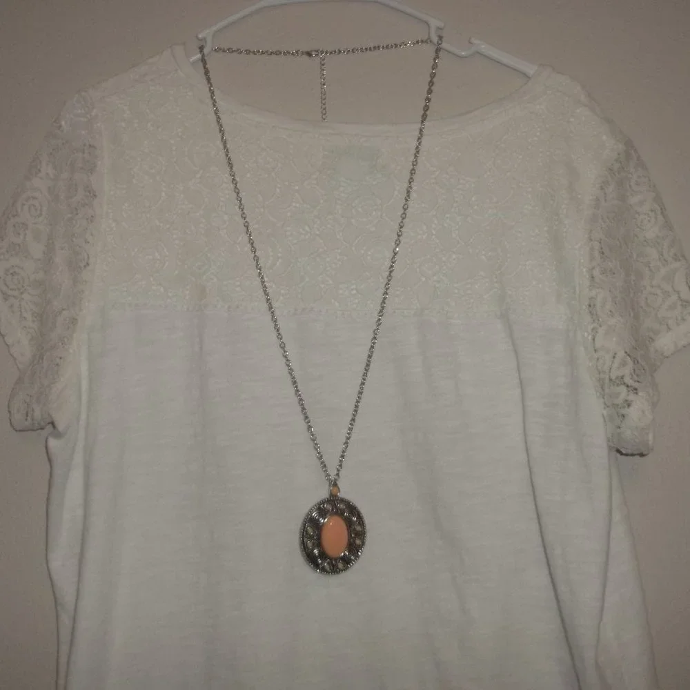 Jewelry Set Long Necklace & Earring Beaded Orange Silver Boho Style Woman A541
